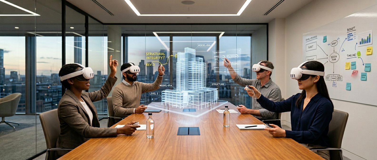 header-image-enterprise-vr Multiple corporate people collaborating in a VR session working together on 3D data