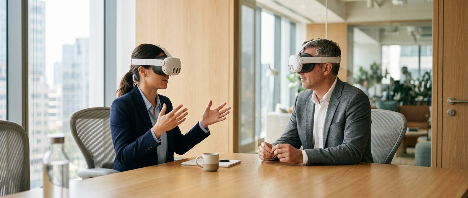 vr-leadership-training-header-image Two professionals wearing Meta Quest 3 headsets practice a VR leadership training conversation across a modern conference table in a bright corporate meeting room.