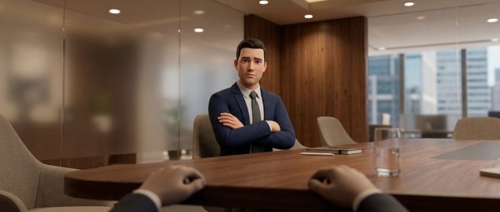 VR Leadership Training: How Immersive Practice Builds Better Managers 1 First-person view inside a VR leadership training scenario showing a virtual avatar with crossed arms seated across a conference table, simulating a difficult workplace conversation.